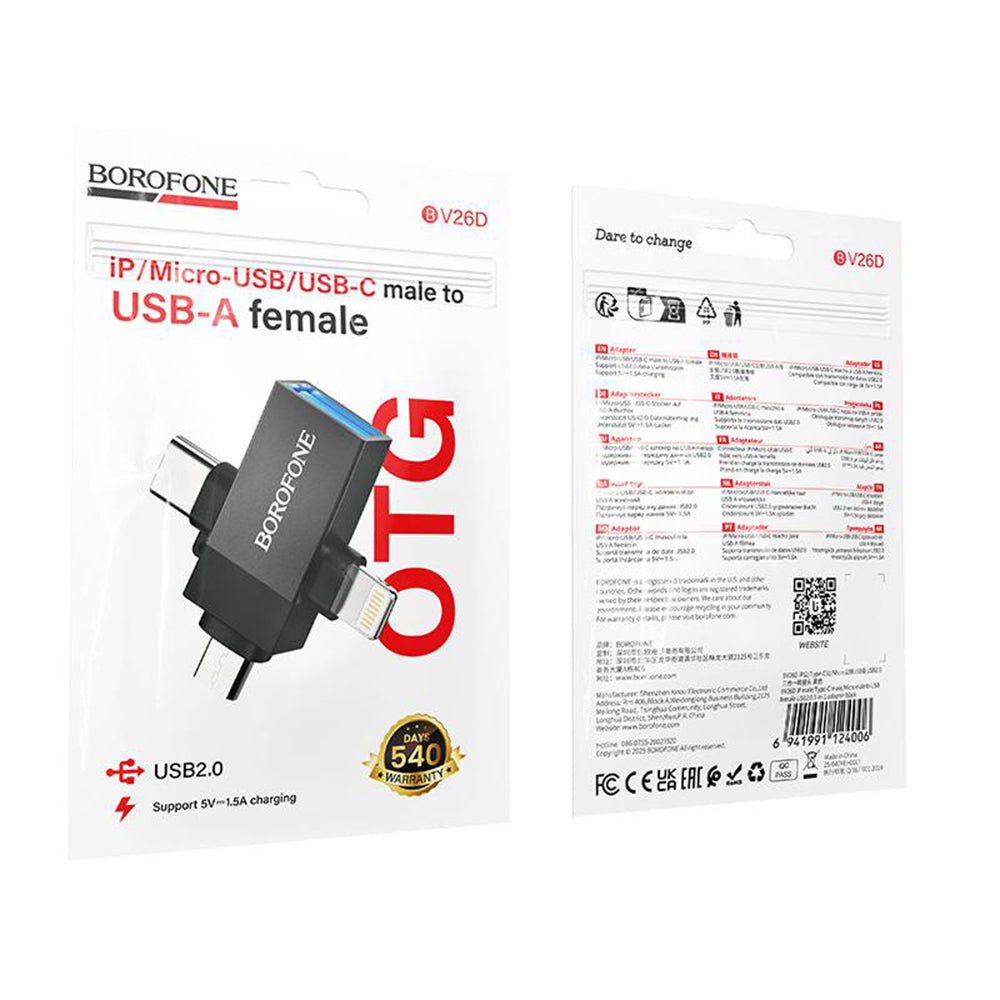 Adapter OTG Lightning / microUSB / USB-C - USB-A Borofone BV26D, Czarny