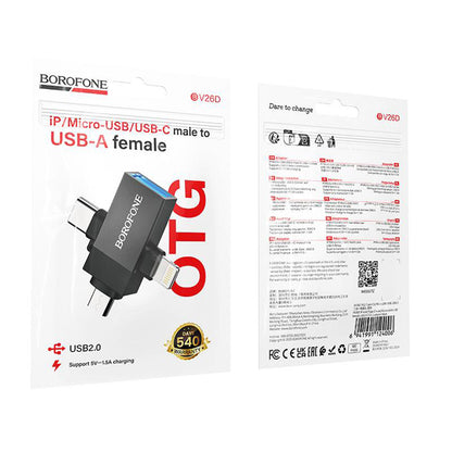 Adapter OTG Lightning / microUSB / USB-C - USB-A Borofone BV26D, Czarny