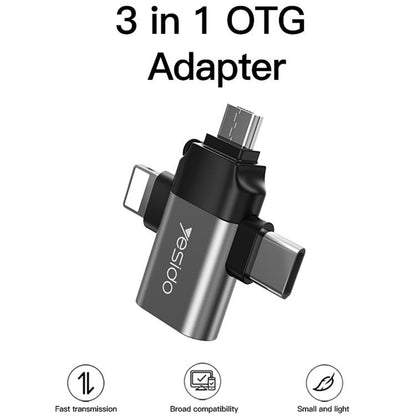 Adapter OTG Lightning / microUSB / USB-C - USB-A Yesido GS15, Czarny