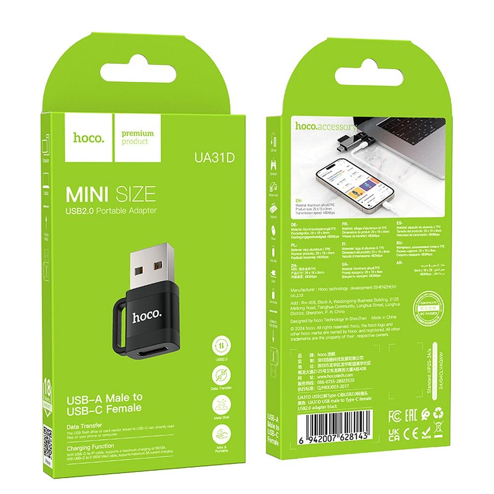 Adapter Danych i Ładowania USB-C - USB-A HOCO UA31D, Czarny