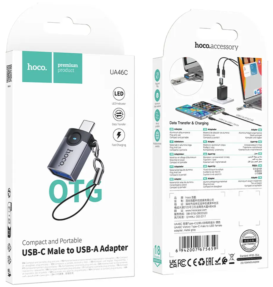 Adapter OTG USB-C - USB-A HOCO UA46C, Szary