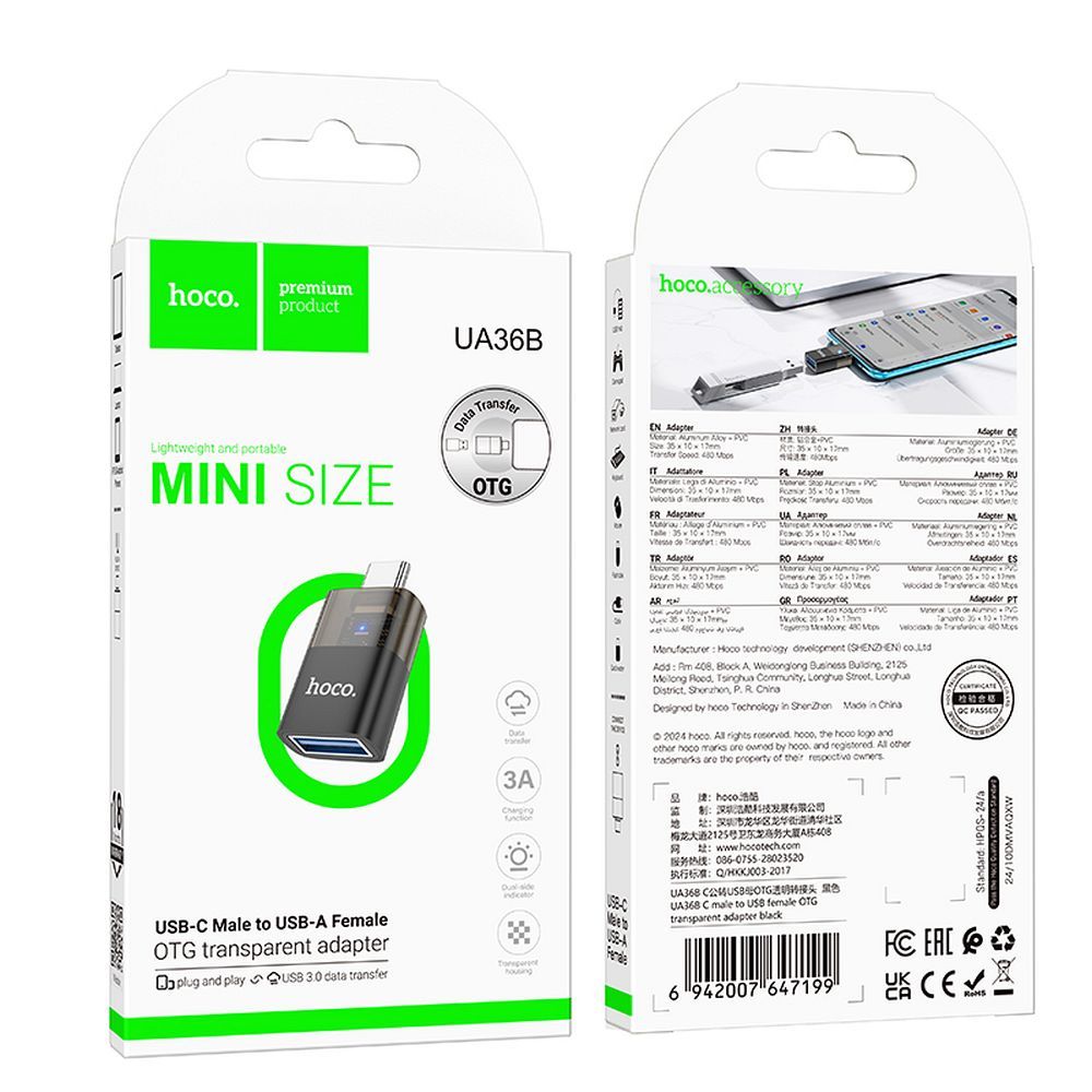 Adapter OTG USB-C - USB-A HOCO UA36B, Czarny