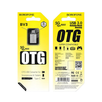 Adapter OTG USB-A - USB-C Borofone BV3, Srebrny