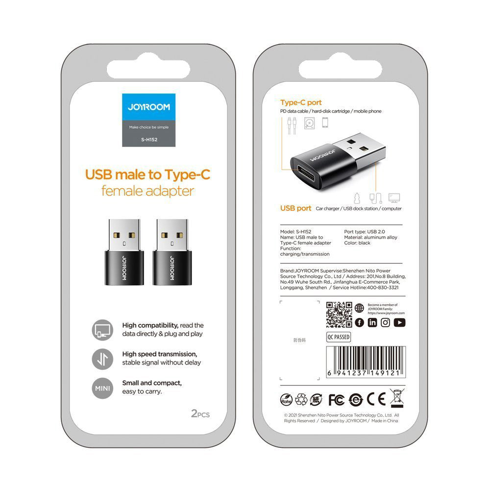Adapter do danych i ładowania USB-C - USB-A Joyroom S-H152, zestaw 2 sztuki, czarny