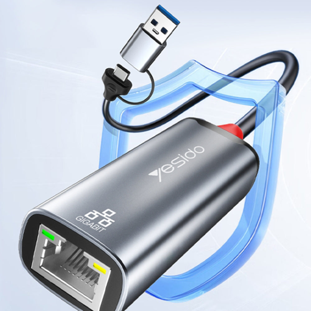 Adapter Sieciowy Yesido HB26, RJ45, USB / USB-C, Szary