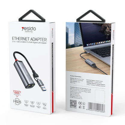 Adapter Sieciowy Yesido HB26, RJ45, USB / USB-C, Szary