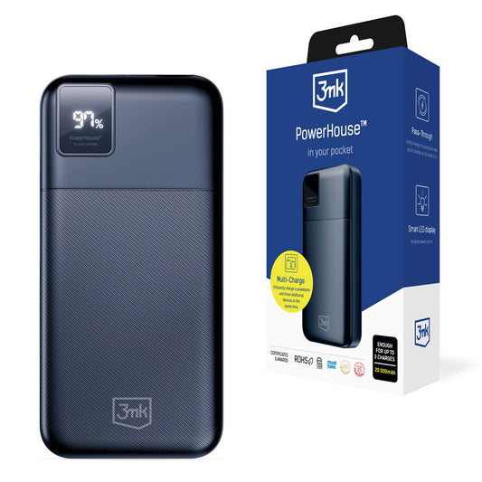 3MK PowerHouse External Battery, 20000mAh, 22.5W, QC + PD, 1 x USB-A - 1 x USB-C, Czarny