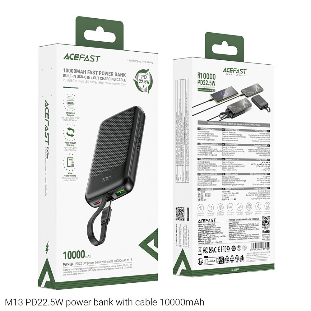 Zewnętrzna bateria Acefast M13, 10000mAh, 22.5W, QC + PD, 1 x USB-A - 2 x USB-C, Czarna.