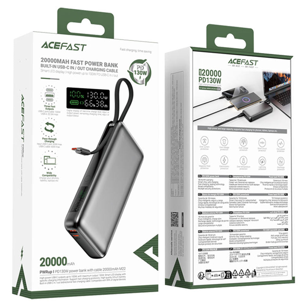Zewnętrzna bateria Acefast M22, 20000mAh, 130W, QC + PD, 1 x USB-A - 2 x USB-C, Czarna