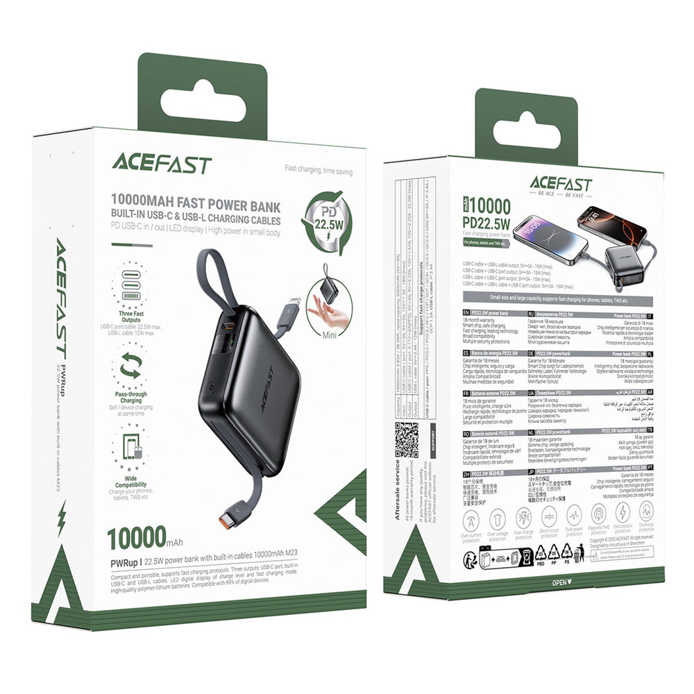 Zewnętrzna bateria Acefast M23, 10000mAh, 22.5W, QC + PD, 1 x Lightning - 2 x USB-C, Szara
