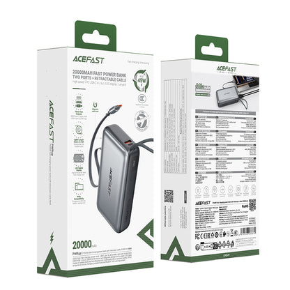 Zewnętrzna bateria Acefast M34, 20000mAh, 45W, QC + PD, 1 x USB-A - 2 x USB-C, Szara