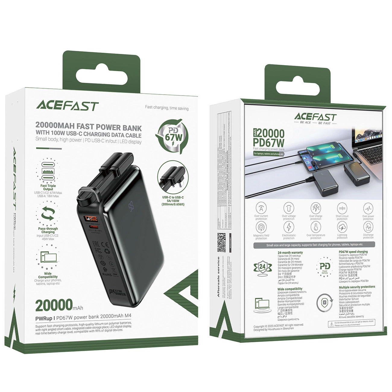 Zewnętrzna bateria Acefast M4, 20000mAh, 67W, PD, 1 x USB-A - 2 x USB-C, Czarna