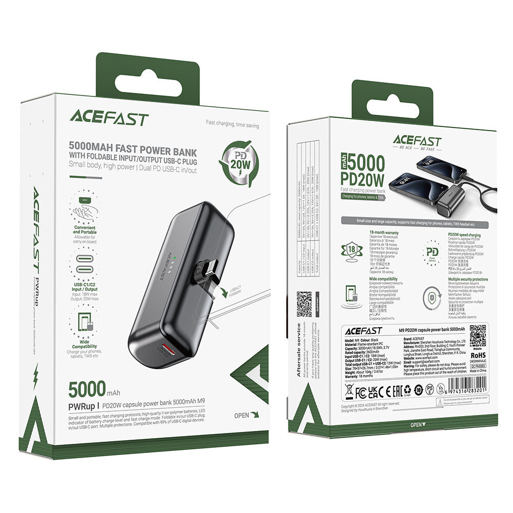 Powerbank Acefast M9, 5000mAh, 20W, PD, 2 x USB-C, Czarny