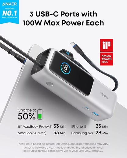Zewnętrzna bateria Anker, 25000mAh, 165W, QC + PD, 1 x USB-A - 3 x USB-C, Srebrna, Ponownie zapakowana A1695H41