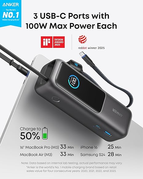 Zewnętrzna bateria Anker, 25000mAh, 165W, QC + PD, 1 x USB-A - 3 x USB-C, Szara A1695H11