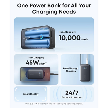 Zewnętrzna bateria Anker Nano, 10000mAh, 45W, QC + PD, 1 x USB-A - 1 x USB-C, Czarna A1638H11
