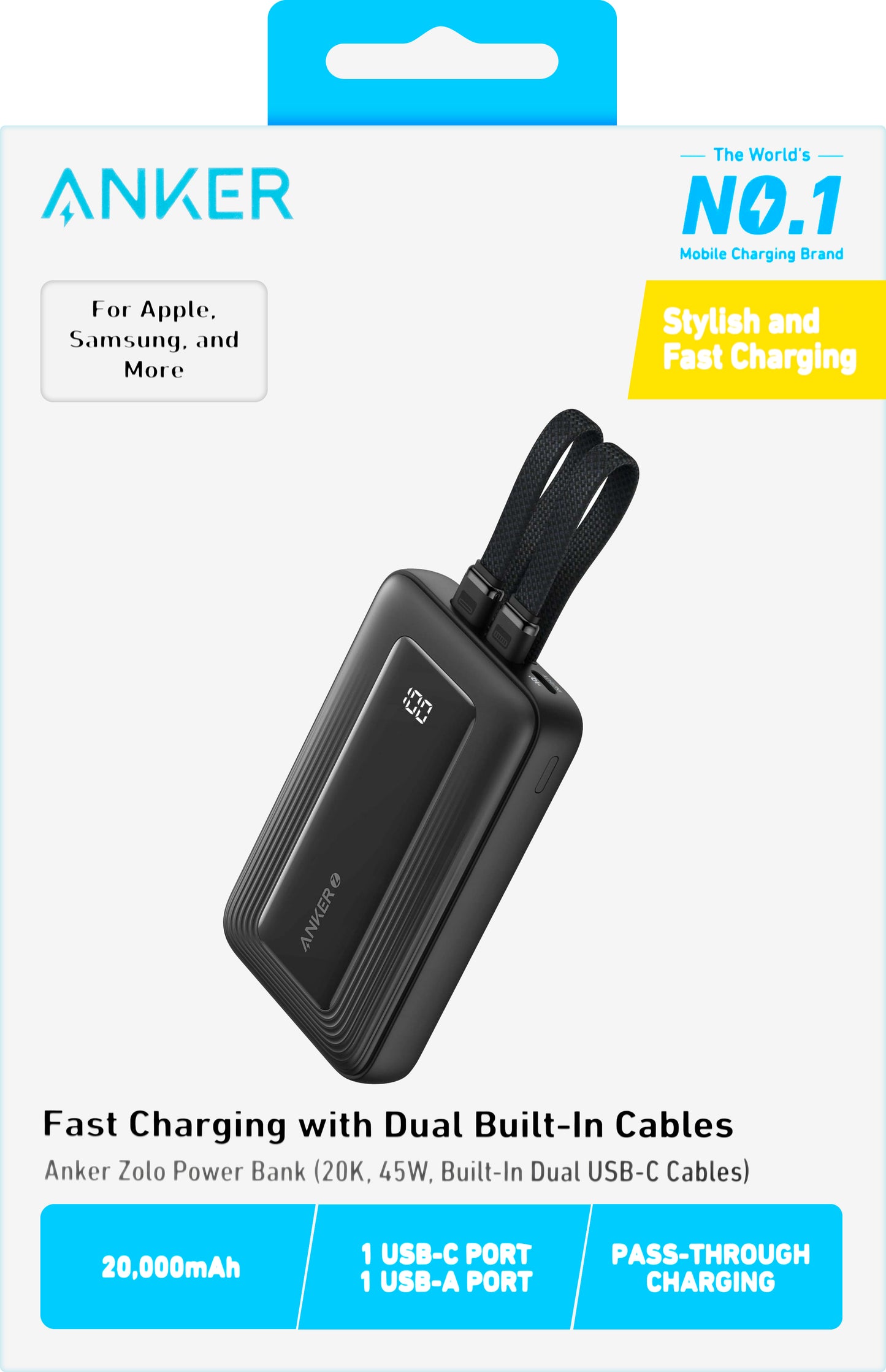 Zewnętrzna bateria Anker Zolo, 20000mAh, 45W, QC + PD, 1 x USB-A - 3 x USB-C, Czarna A1681H12