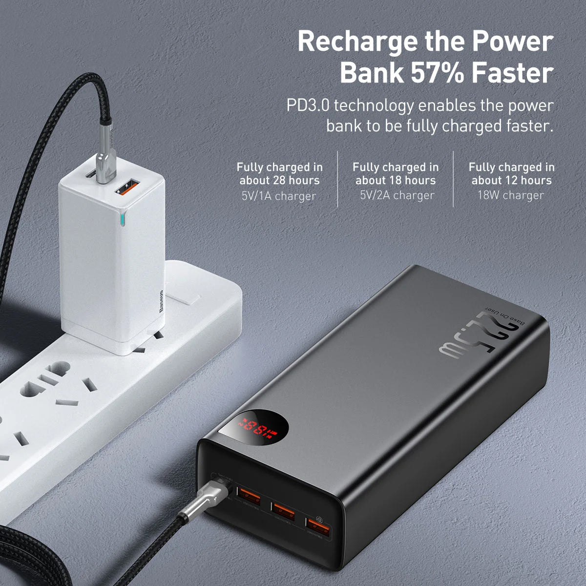 Baseus Adaman External Battery, 40000mAh, 22.5W, QC + PD, 1 x USB-C - 3 x USB-A, Black
