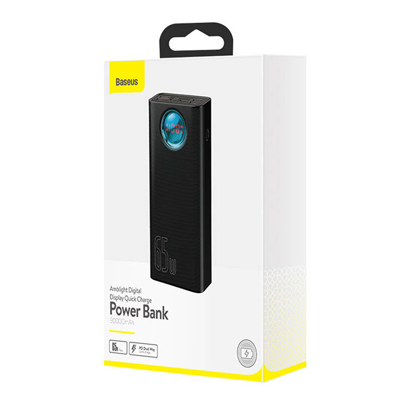 Zewnętrzna bateria Baseus Amblight Digital Display, 30000mAh, 65W, QC + PD, 1 x USB-C - 4 x USB-A, Czarna PPLG000101
