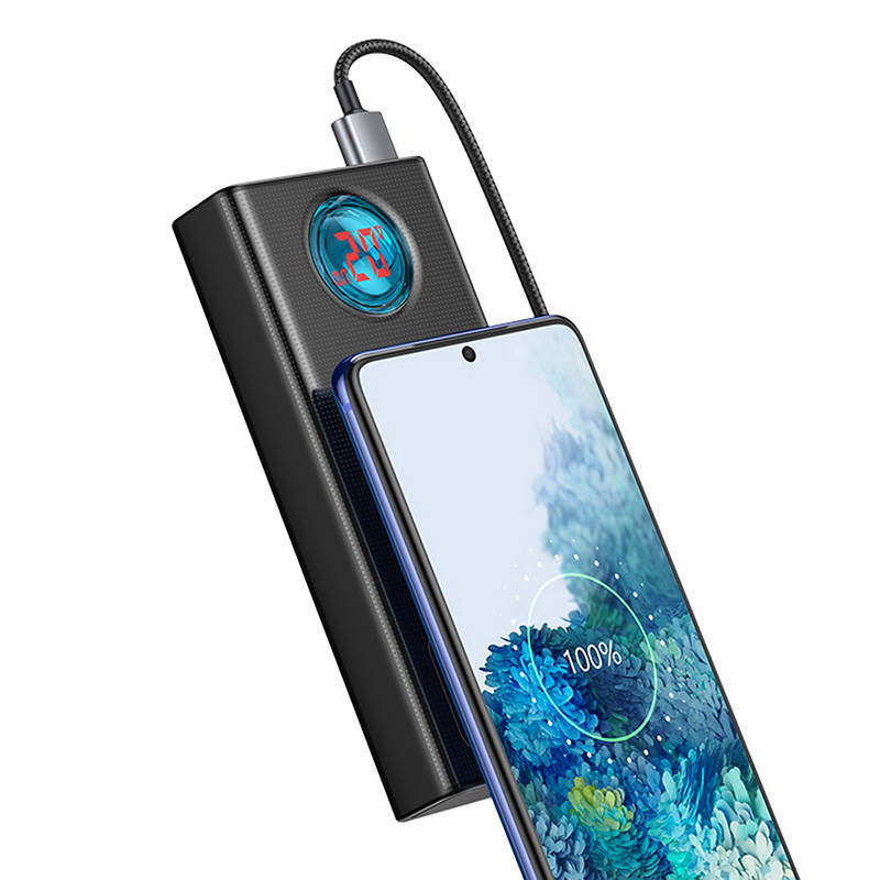 Zewnętrzna bateria Baseus Amblight Digital Display, 30000mAh, 65W, QC + PD, 1 x USB-C - 4 x USB-A, Czarna PPLG000101