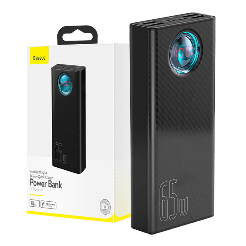 Zewnętrzna bateria Baseus Amblight Digital Display, 30000mAh, 65W, QC + PD, 1 x USB-C - 4 x USB-A, Czarna PPLG000101