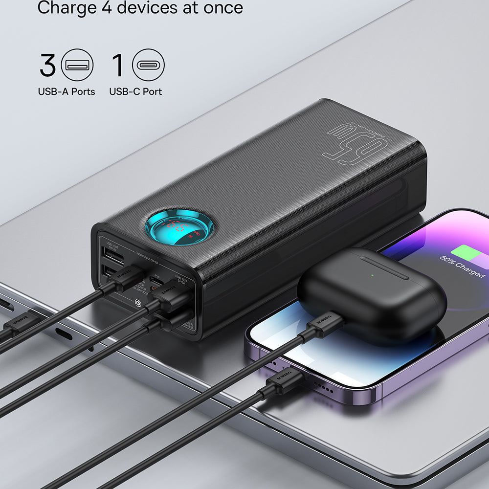 Zewnętrzna bateria Baseus Amblight z cyfrowym wyświetlaczem, 26800mAh, 65W, QC + PD, 1 x USB-C - 4 x USB-A, Czarna P10022402113-00