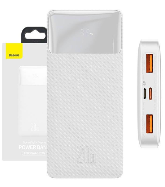 Zewnętrzna bateria Baseus Bipow, 10000mAh, 20W, QC + PD, 1 x USB-C - 2 x USB-A, Biała PPBD050502