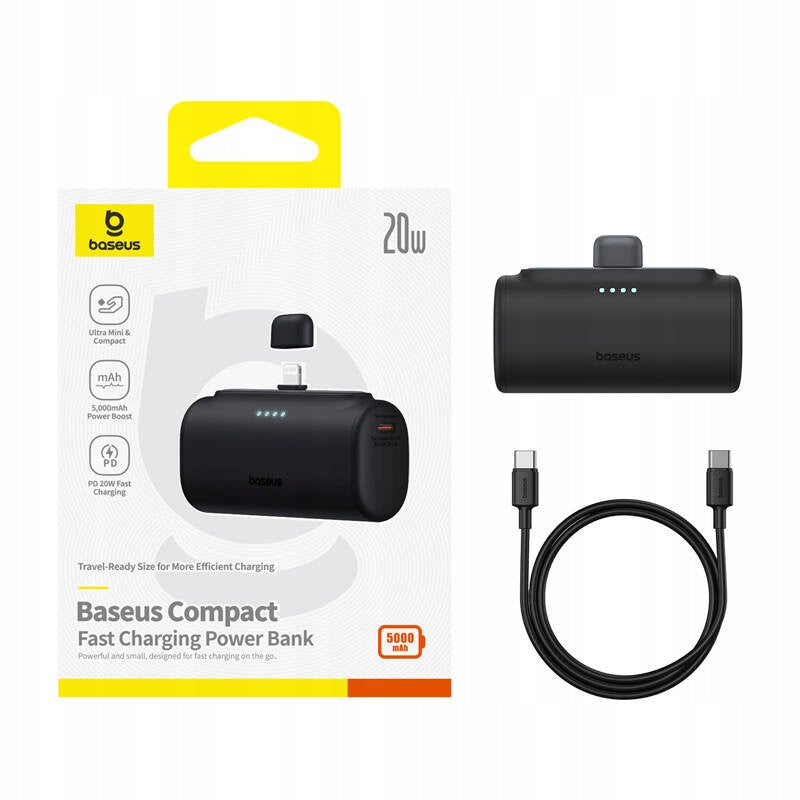 Zewnętrzna bateria Baseus Compact, 5000mAh, 20W, PD, 1 x Lightning - 1 x USB-C, Czarna P10068307113-00