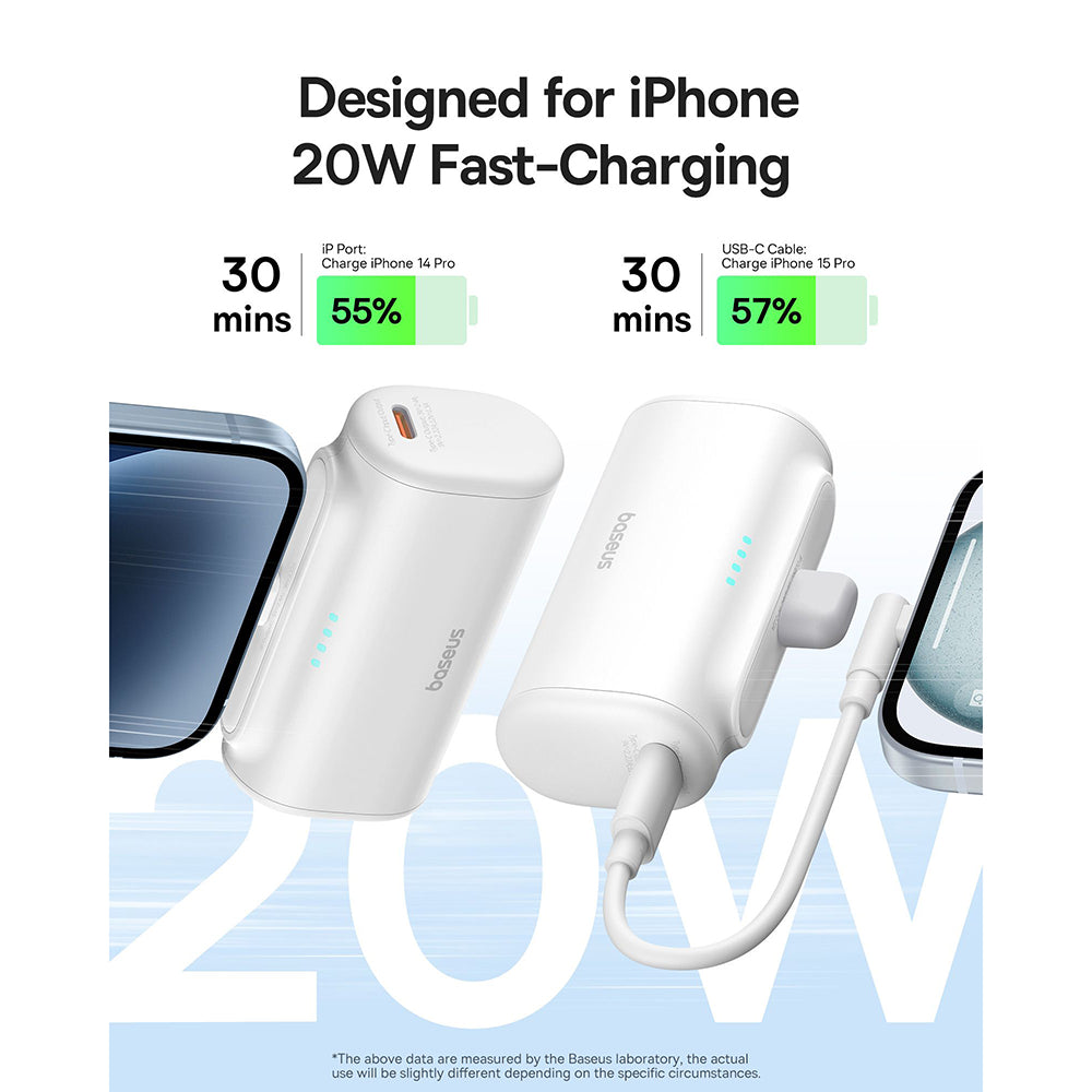 Zewnętrzna bateria Baseus Compact, 5000mAh, 20W, PD, 1 x Lightning - 1 x USB-C, Biała P10068307213-00