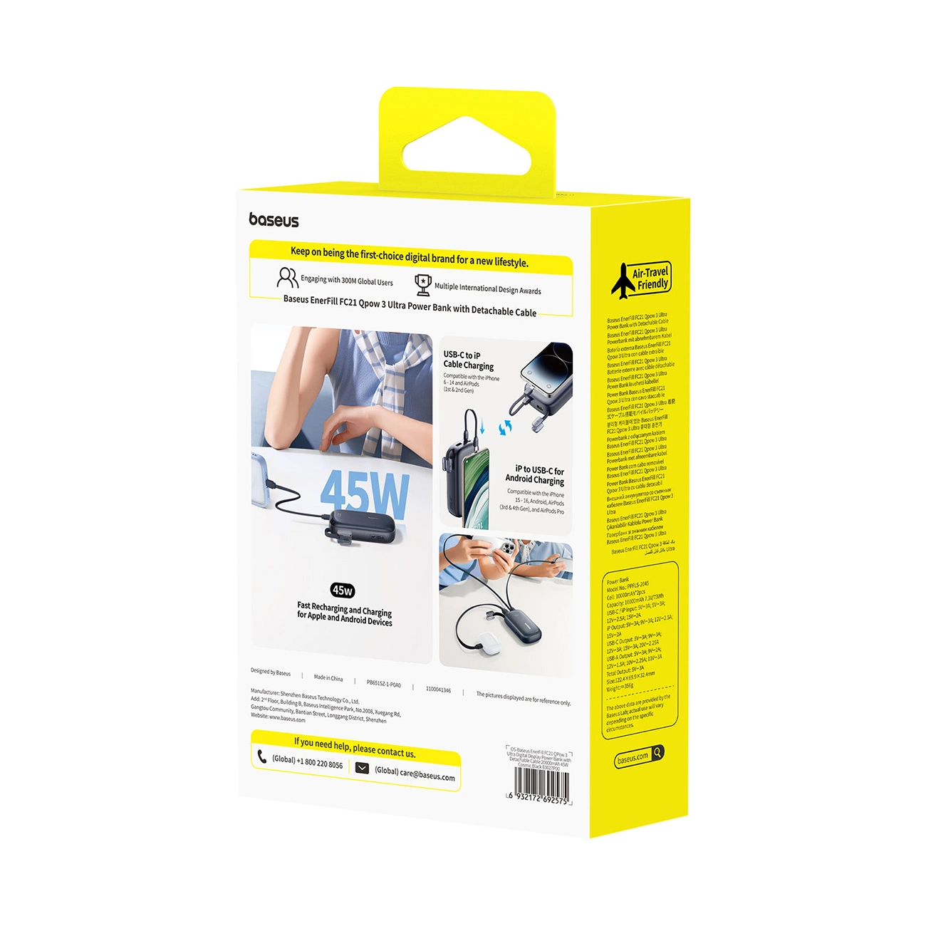 Baseus EnerFill FC21 QPow 3 Ultra External Battery, 20000mAh, 45W, QC + PD, 1 x USB-A - 1 x USB-C, Black E0027P00