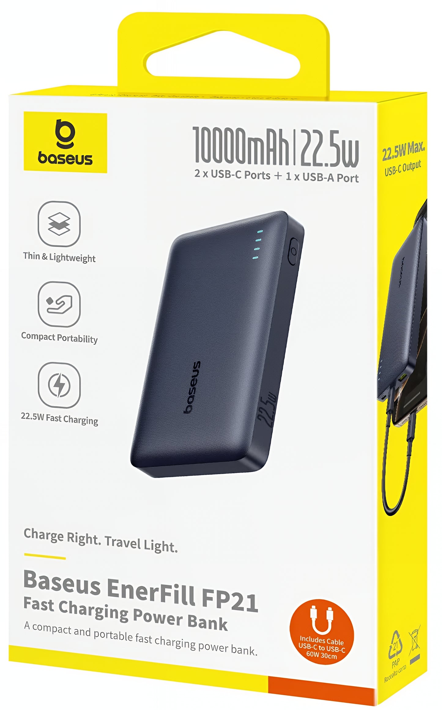Zewnętrzna bateria Baseus EnerFill FP21, 10000mAh, 22.5W, QC + PD, 1 x USB-A - 2 x USB-C, Czarna P1008210D123-00