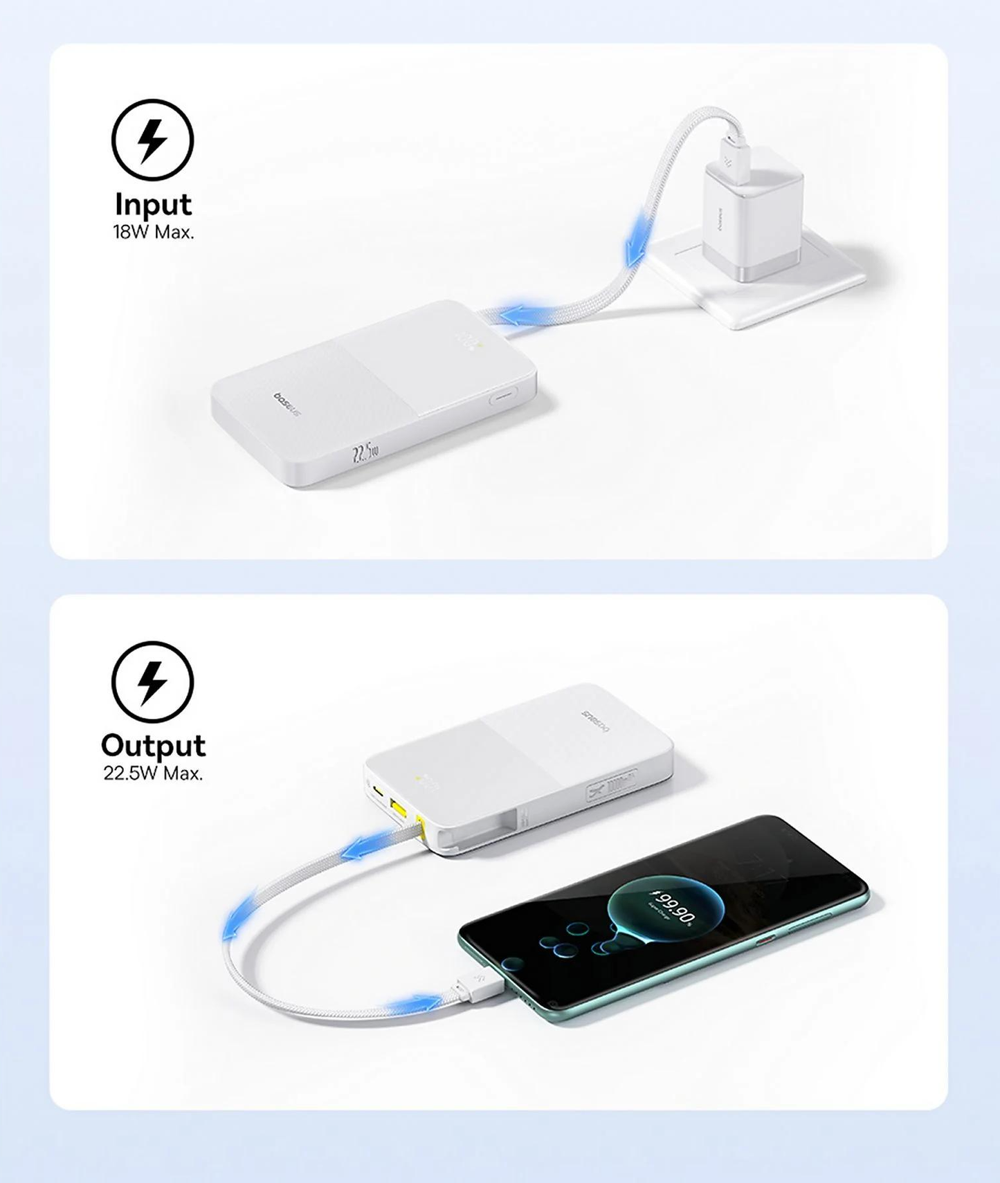 Zewnętrzna bateria Baseus EnerFill Bipow2 Pro, 10000mAh, 22.5W, QC + PD, 1 x USB-A - 2 x USB-C, Biała E0027601