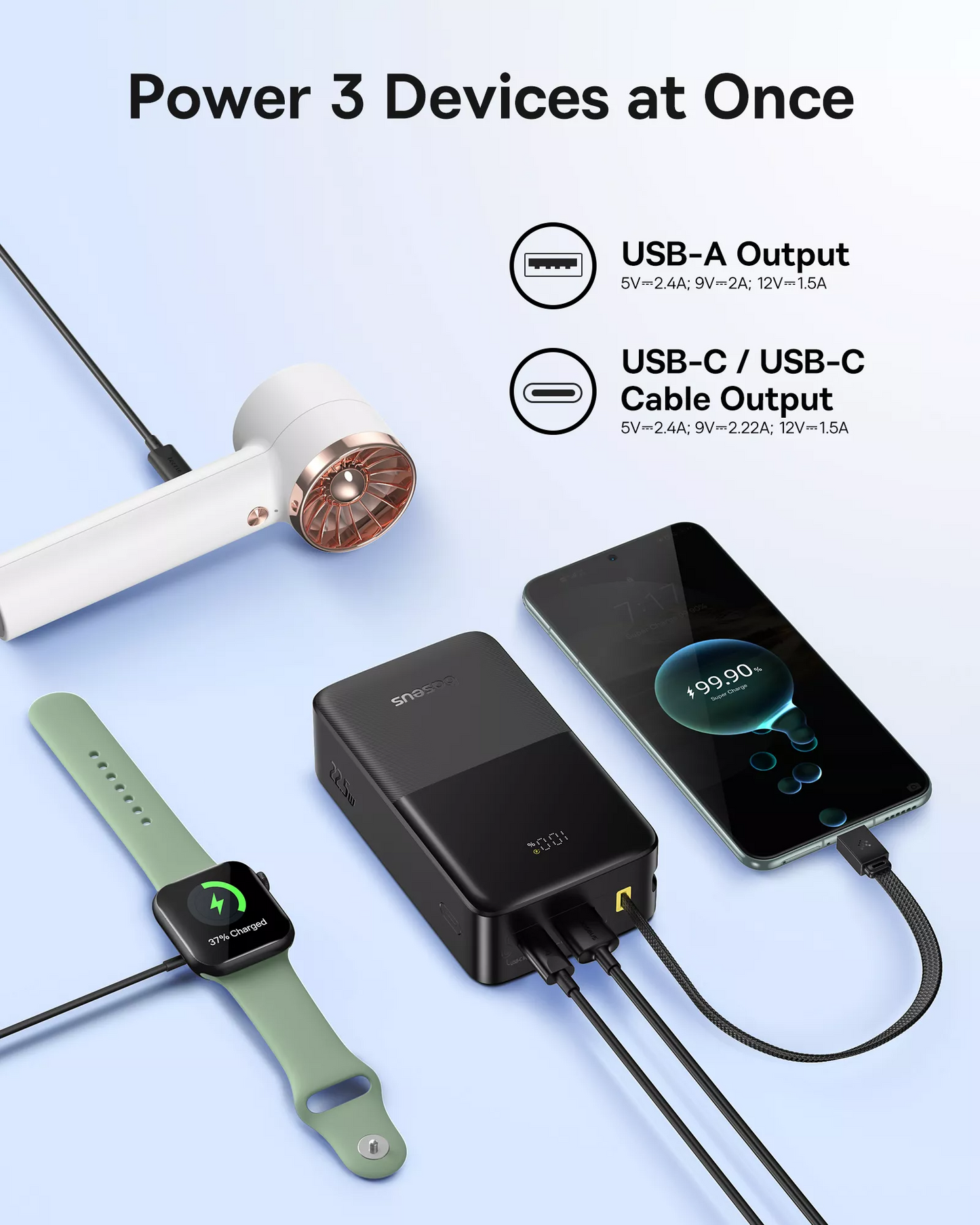 Zewnętrzna bateria Baseus EnerFill Bipow2 Pro, 30000mAh, 22.5W, QC + PD, 1 x USB-A - 2 x USB-C, Czarna E0028100