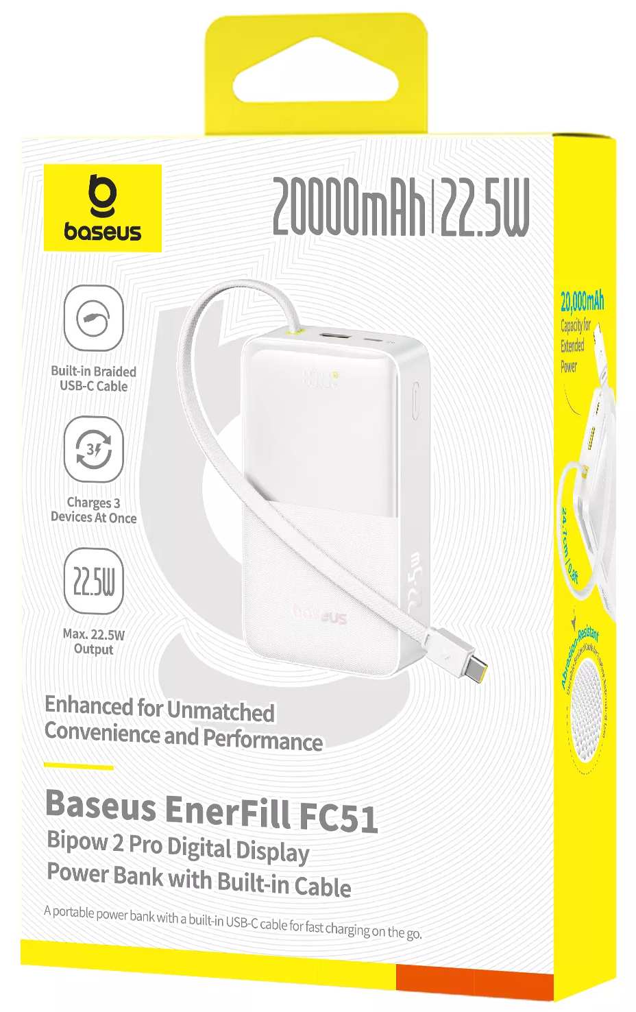 Zewnętrzna bateria Baseus EnerFill Bipow2 Pro, 20000mAh, 22.5W, QC + PD, 1 x USB-A - 2 x USB-C, Biała E0027700