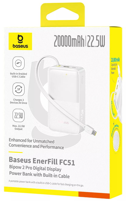 Zewnętrzna bateria Baseus EnerFill Bipow2 Pro, 20000mAh, 22.5W, QC + PD, 1 x USB-A - 2 x USB-C, Biała E0027700