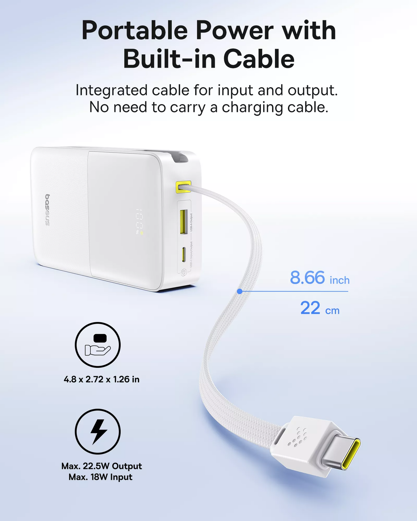 Zewnętrzna bateria Baseus EnerFill Bipow2 Pro, 20000mAh, 22.5W, QC + PD, 1 x USB-A - 2 x USB-C, Biała E0027700
