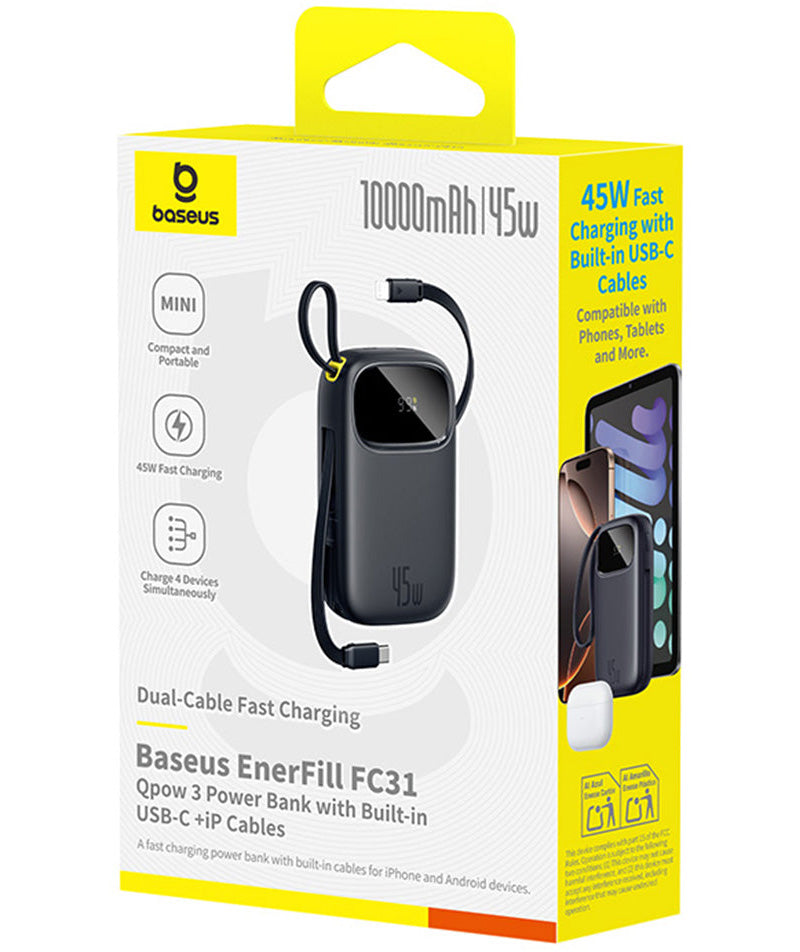 Powerbank Baseus EnerFill FC31 Qpow 3, 10000mAh, 45W, QC + PD, 1 x USB-A - 3 x USB-C, Czarny P10082102123-00