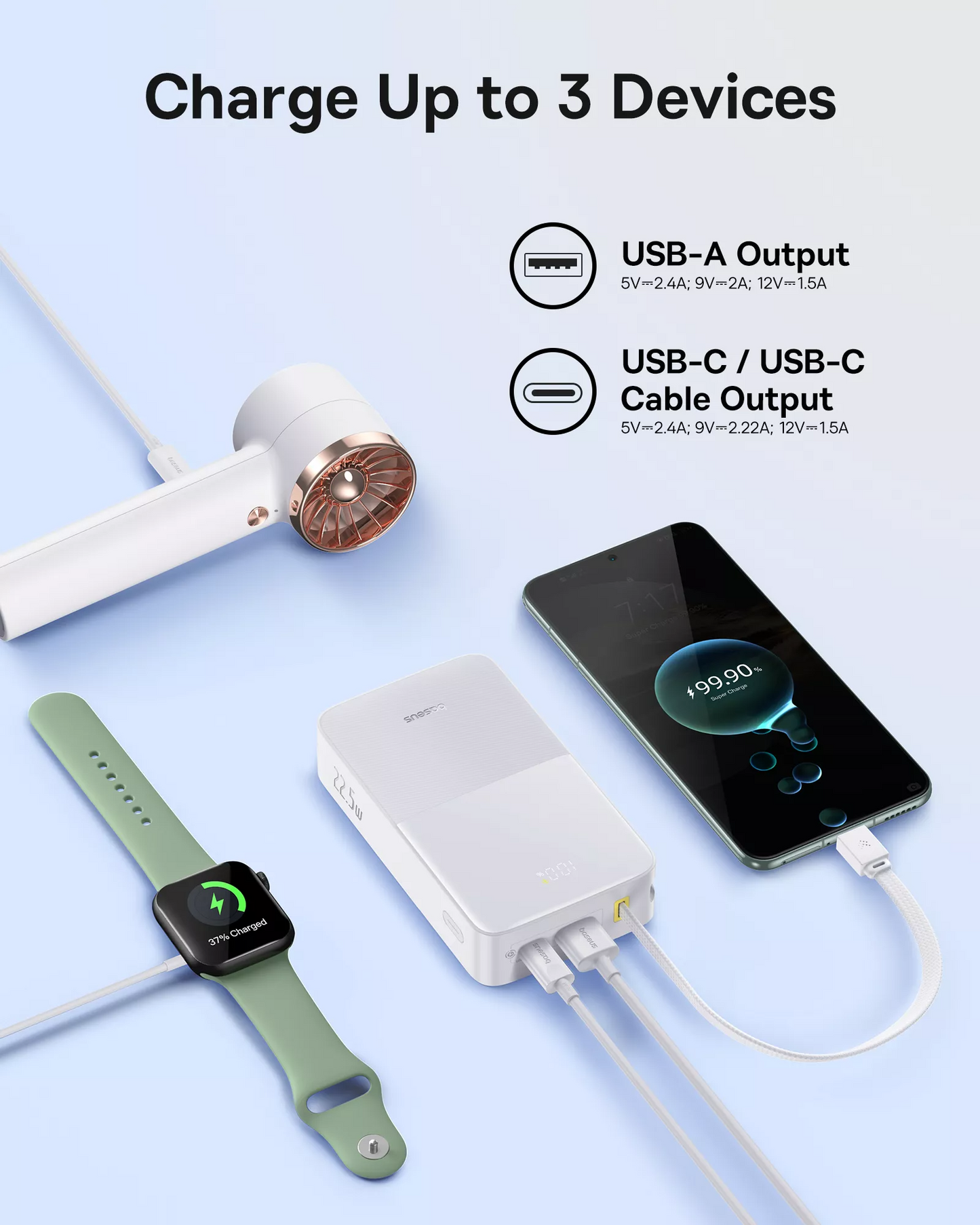 Zewnętrzna bateria Baseus EnerFill Bipow2 Pro, 20000mAh, 22.5W, QC + PD, 1 x USB-A - 2 x USB-C, Biała E0027700