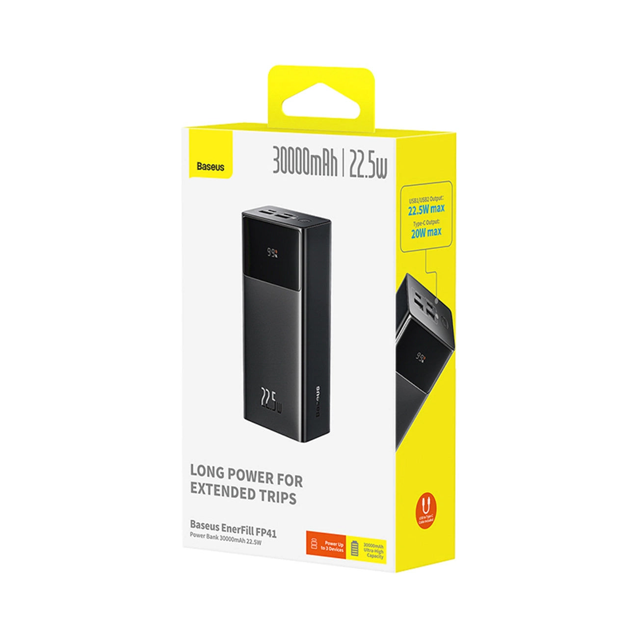 Baseus EnerFill FP41 External Battery, 30000mAh, 22.5W, QC + PD, 1 x USB-C - 2 x USB-A, Black