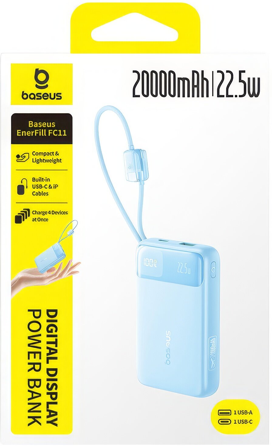 Powerbank Baseus EnerFill FC11, 20000mAh, 22.5W, QC + PD, 1 x Lightning - 1 x USB-A - 2 x USB-C, Niebieski E0027S06