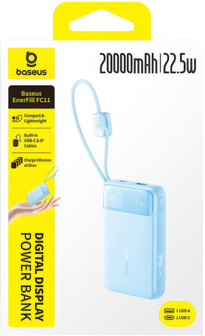 Powerbank Baseus EnerFill FC11, 20000mAh, 22.5W, QC + PD, 1 x Lightning - 1 x USB-A - 2 x USB-C, Niebieski E0027S06