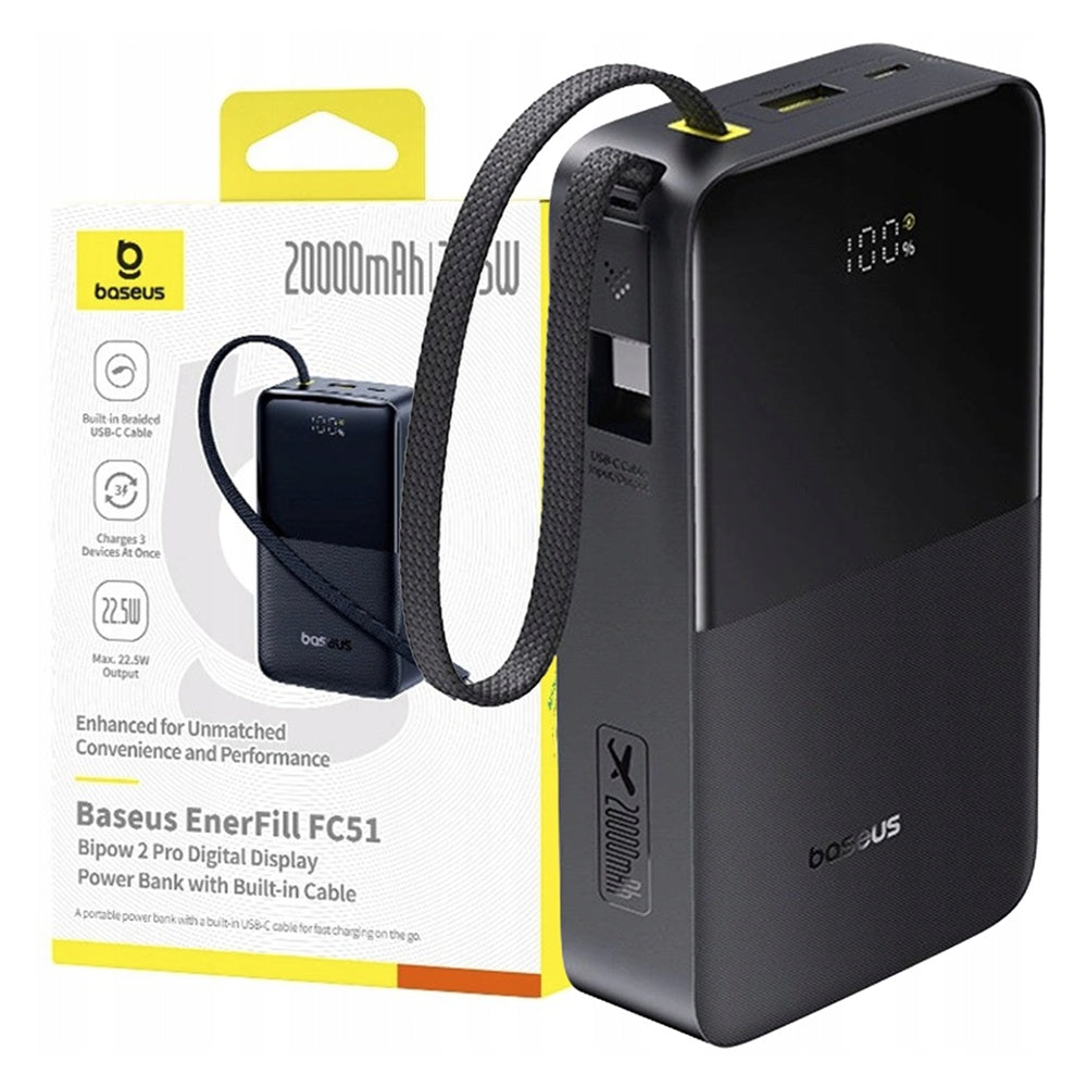 Zewnętrzna bateria Baseus EnerFill Bipow2 Pro, 20000mAh, 22.5W, QC + PD, 1 x USB-A - 2 x USB-C, Czarna E0027701