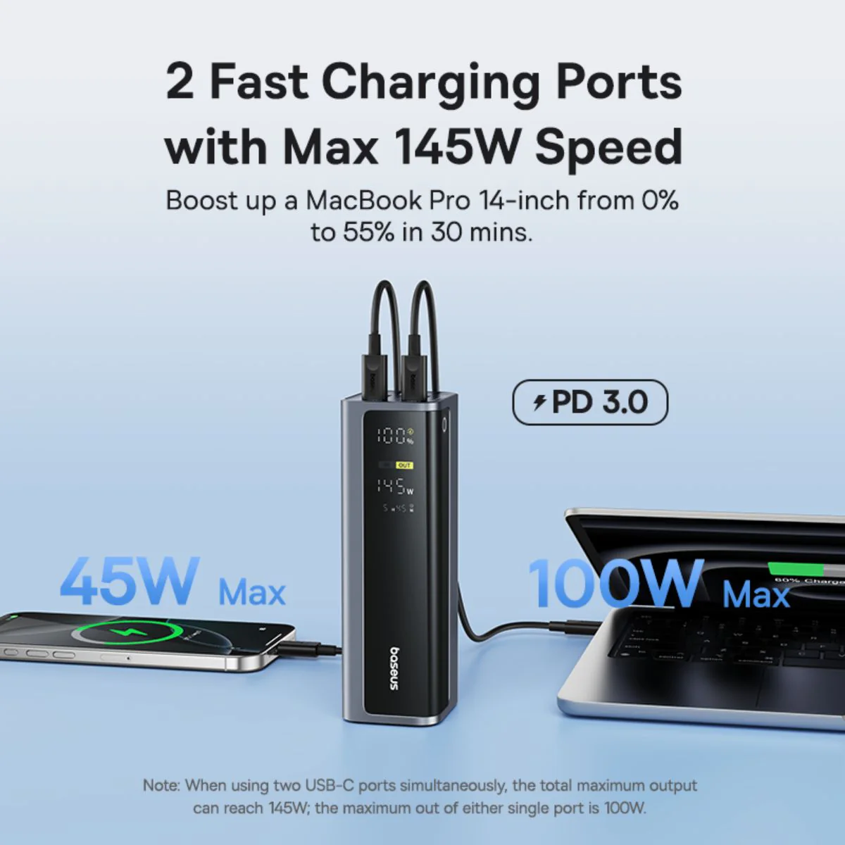 Zewnętrzna bateria Baseus EnerGeek GP12, 20800mAh, 145W, QC + PD, 2 x USB-A - 2 x USB-C, Szara P10082109813-00