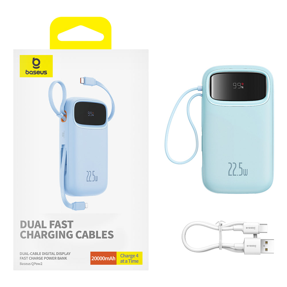 Zewnętrzna bateria Baseus Qpow Pro+, 20000mAh, 22.5W, QC + PD, 1 x Lightning - 1 x USB-A - 2 x USB-C, Niebieska P10055002313-00