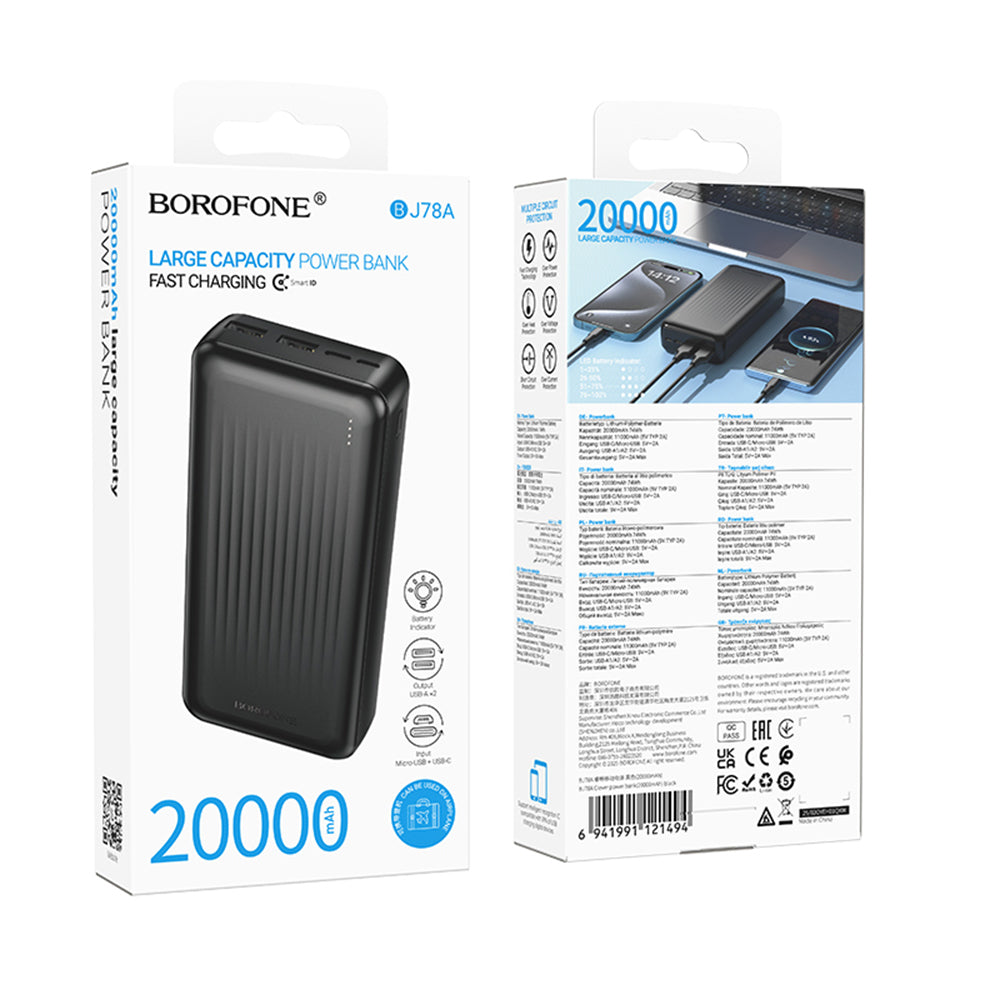 Zewnętrzna bateria Borofone BJ78A Clever, 20000mAh, 10W, 2 x USB-A, Czarna