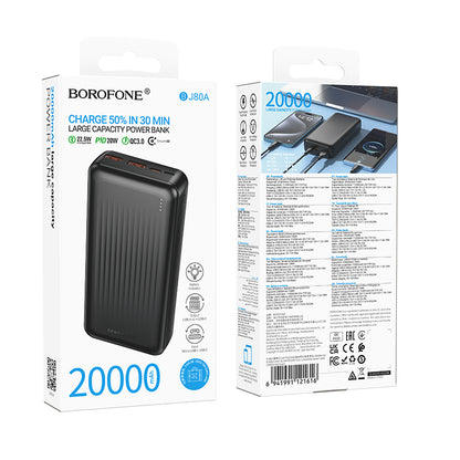 Zewnętrzna bateria Borofone BJ80A Clever, 20000mAh, 22.5W, QC + PD, 1 x USB-C - 2 x USB-A, Czarna