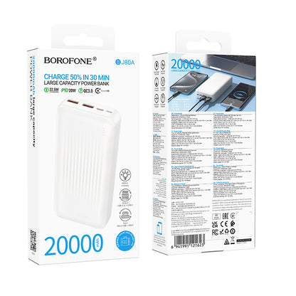 Zewnętrzna bateria Borofone BJ80A Clever, 20000mAh, 22.5W, QC + PD, 1 x USB-C - 2 x USB-A, Biała