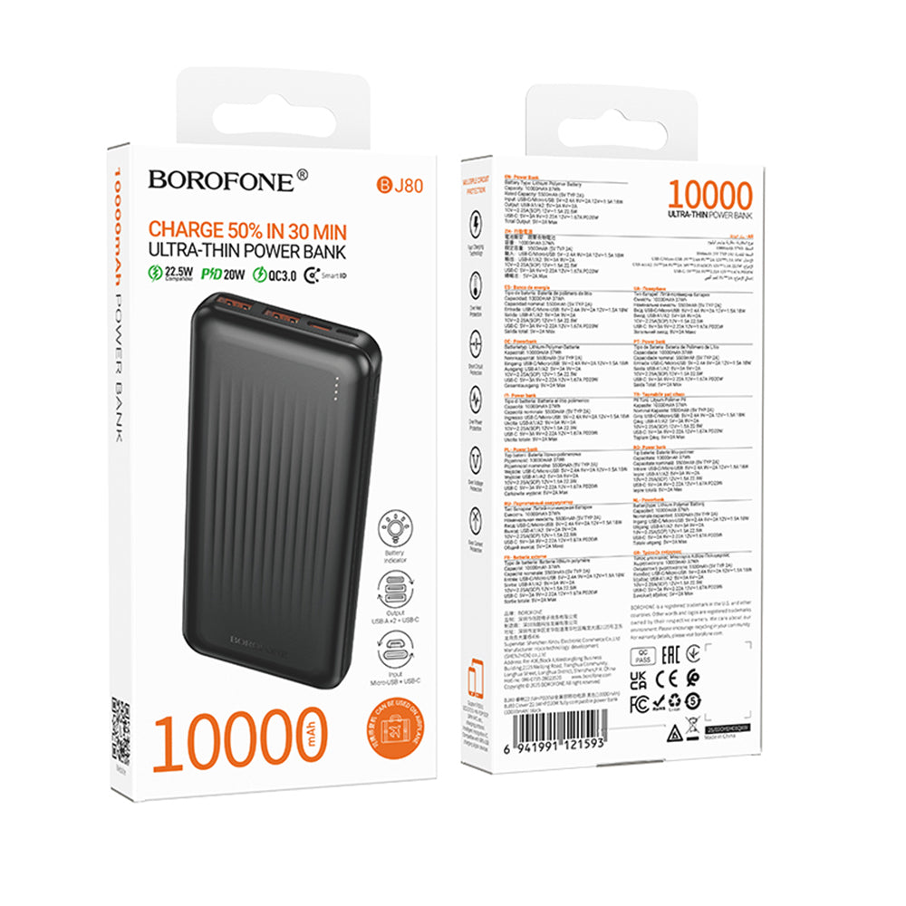 Borofone BJ80A Clever External Battery, 10000mAh, 22.5W, QC + PD, 1 x USB-C - 2 x USB-A, Black