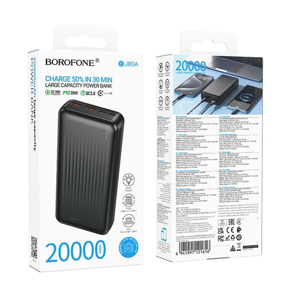 Zewnętrzna bateria Borofone BJ80A Clever, 20000mAh, 22.5W, QC + PD, 1 x USB-C - 2 x USB-A, Czarna