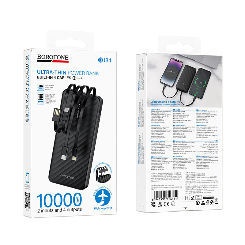 Borofone BJ84 Smooth External Battery, 10000mAh, 10W, 1 x Lightning - 1 x microUSB - 1 x USB-A - 1 x USB-C, Black